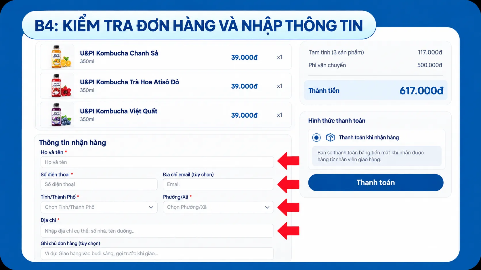 Kiểm tra giỏ hàng và thanh toán tại U&PI
